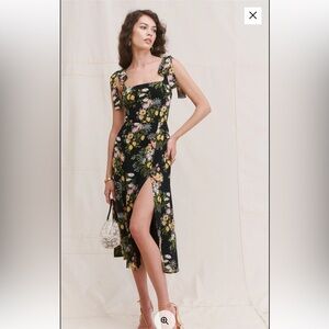 Reformation Black Maxi Slip Dress with Yellow & Pink Floral Print